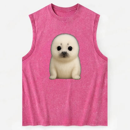 Baby Harp Seal - pure white fluffy fur, enormous dark eyes, front-facing, - Vintage Washed Tank - Pink