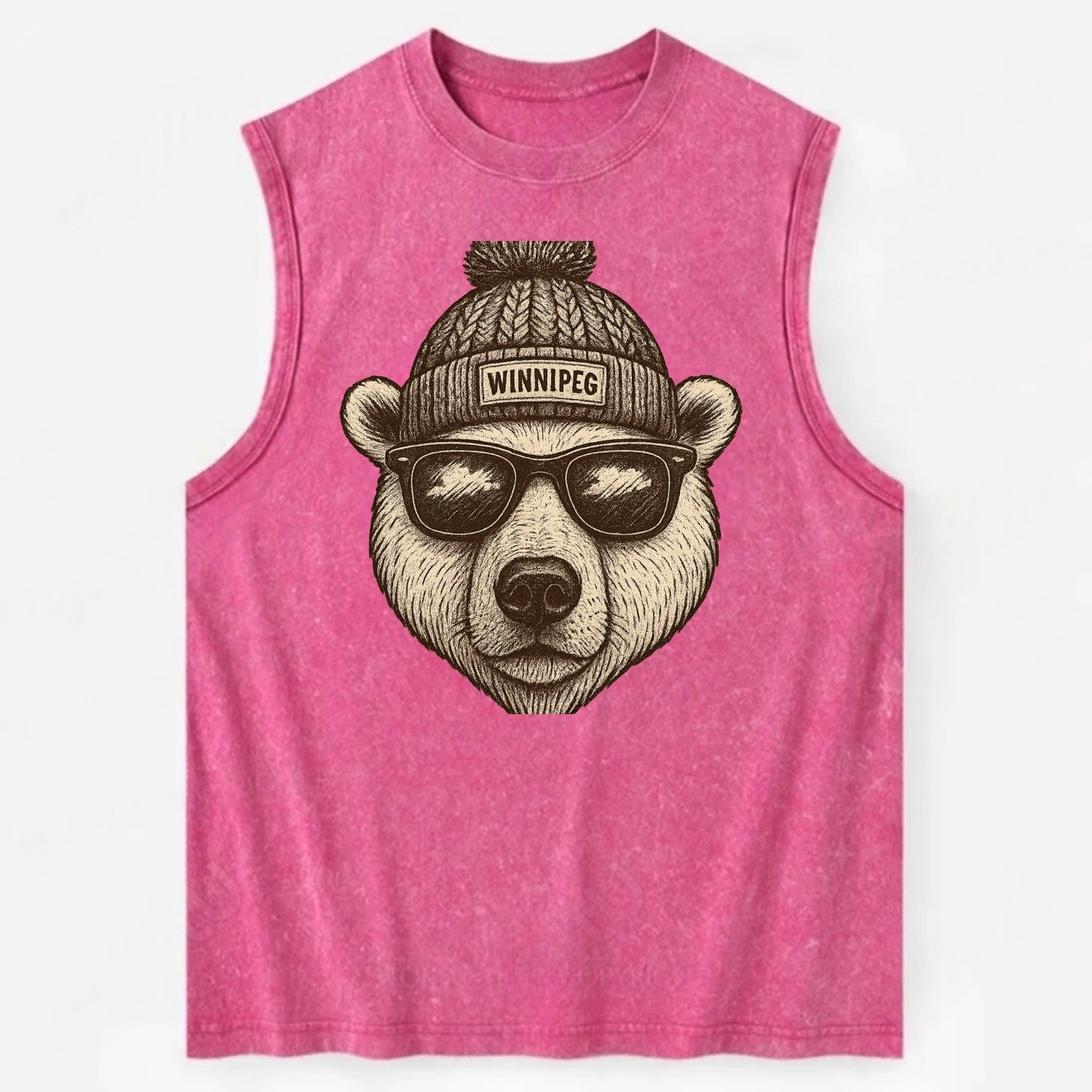 Winnipeg Polar Bear wearing Winnipeg beanie with pom pom and wayfarer - Vintage Washed Tank - Pink