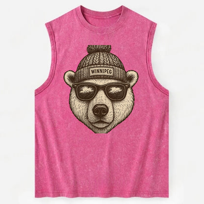 Winnipeg Polar Bear wearing Winnipeg beanie with pom pom and wayfarer - Vintage Washed Tank - Pink