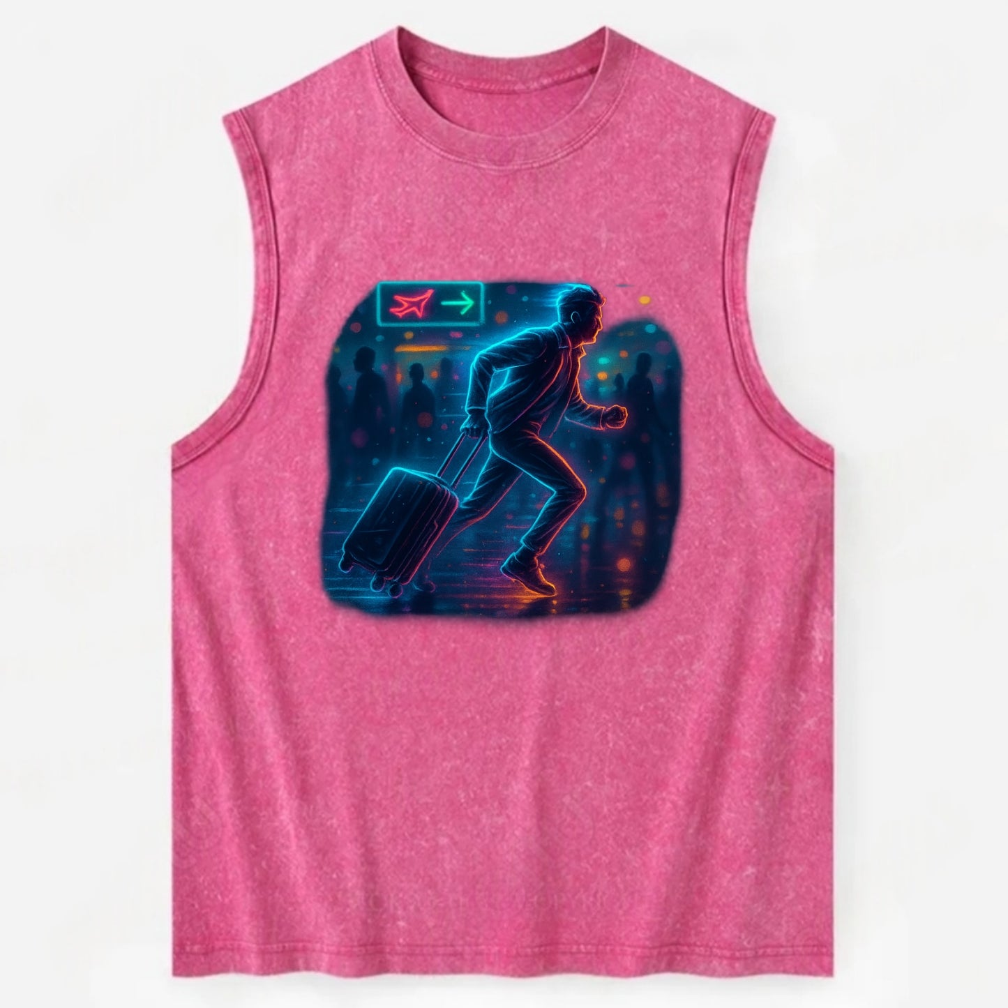 person running with luggage through crowded airport terminal - Vintage Washed Tank - Pink