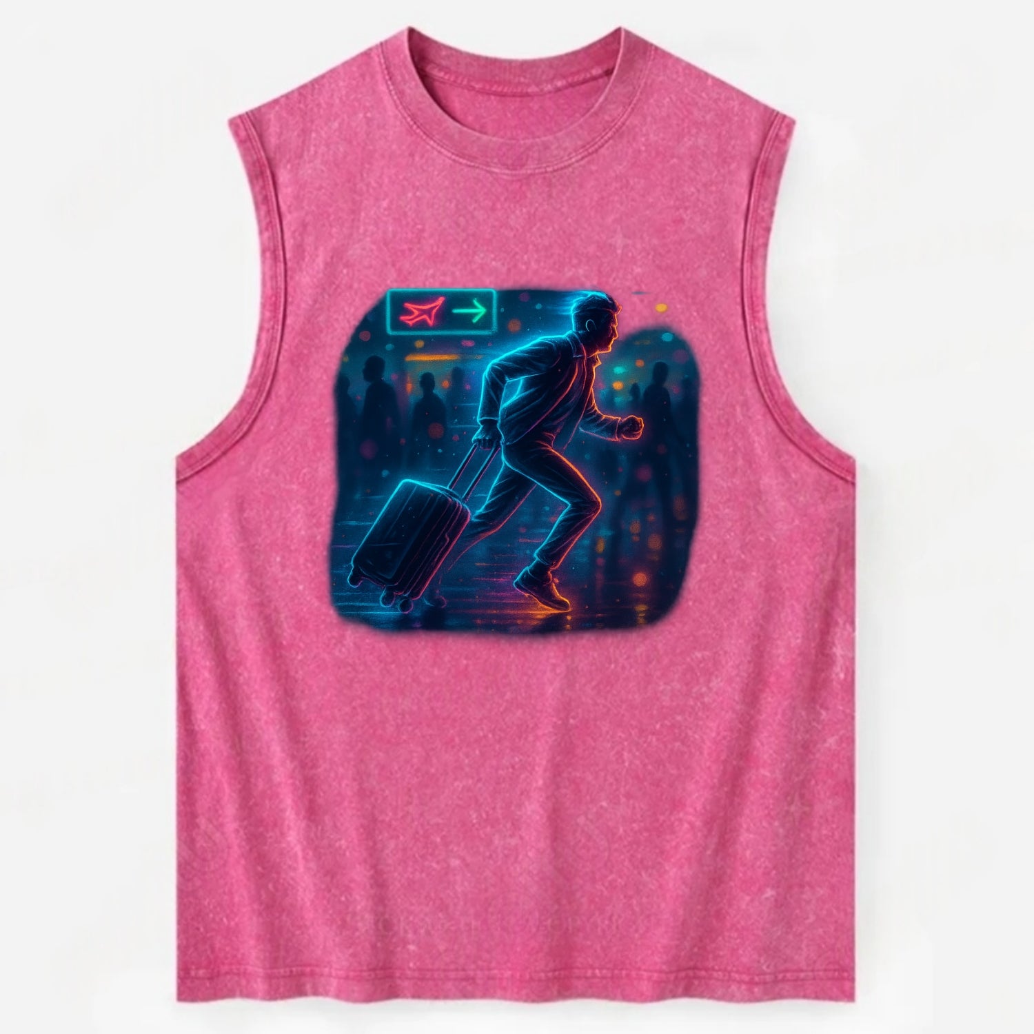 person running with luggage through crowded airport terminal - Vintage Washed Tank - Pink