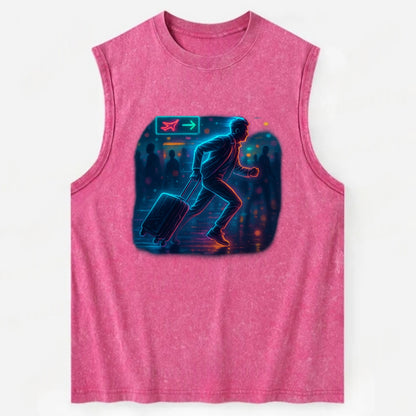 person running with luggage through crowded airport terminal - Vintage Washed Tank - Pink