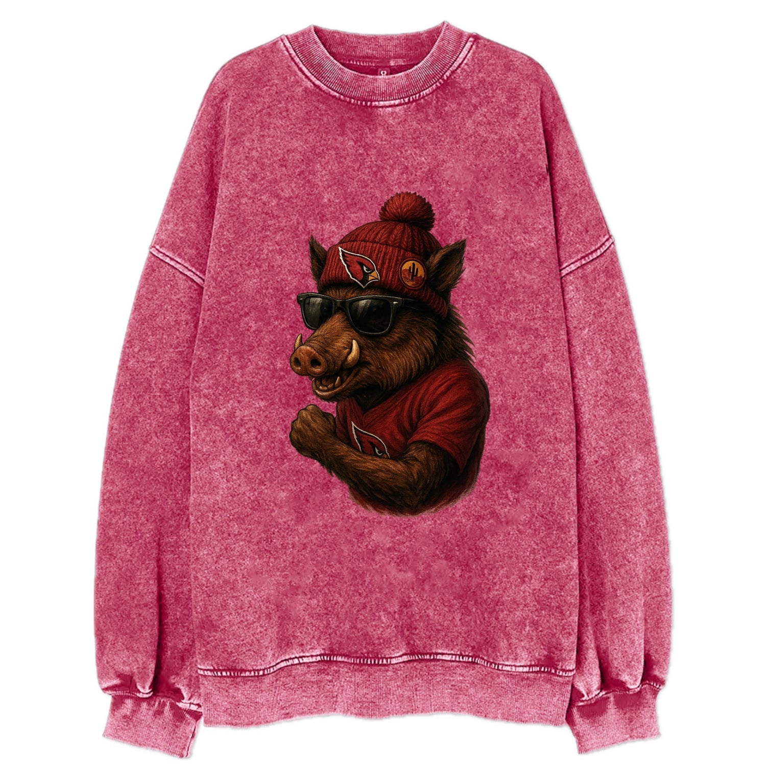 Arizona Javelina wearing Cardinals beanie with desert patch and wayfarer - Vintage Sweatshirt - Pink