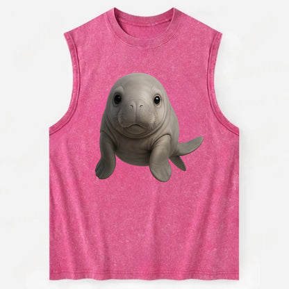 Baby Dugong - gray with paddle tail, gentle expression, whiskers, - Vintage Washed Tank - Pink