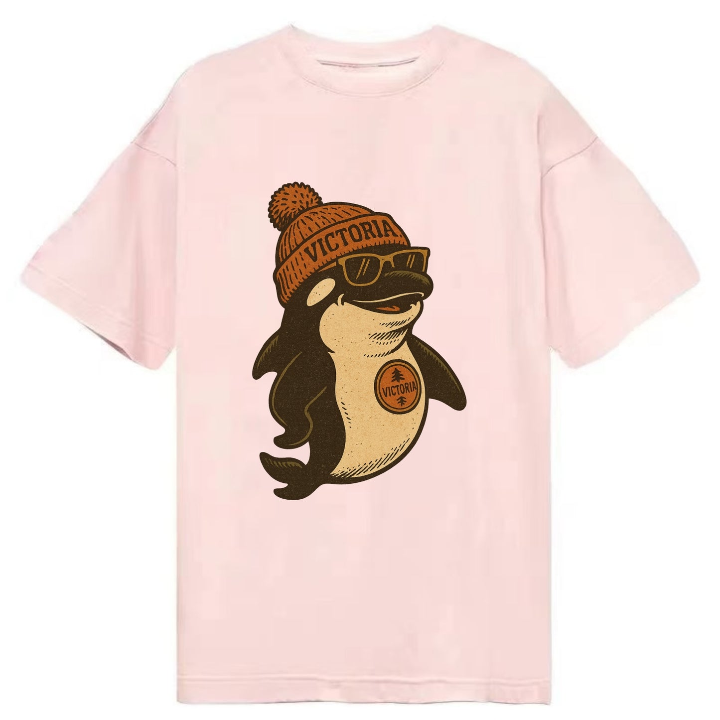 Victoria Orca wearing Victoria beanie with pom pom and wayfarer sunglasses - Classic T-shirt - Pink
