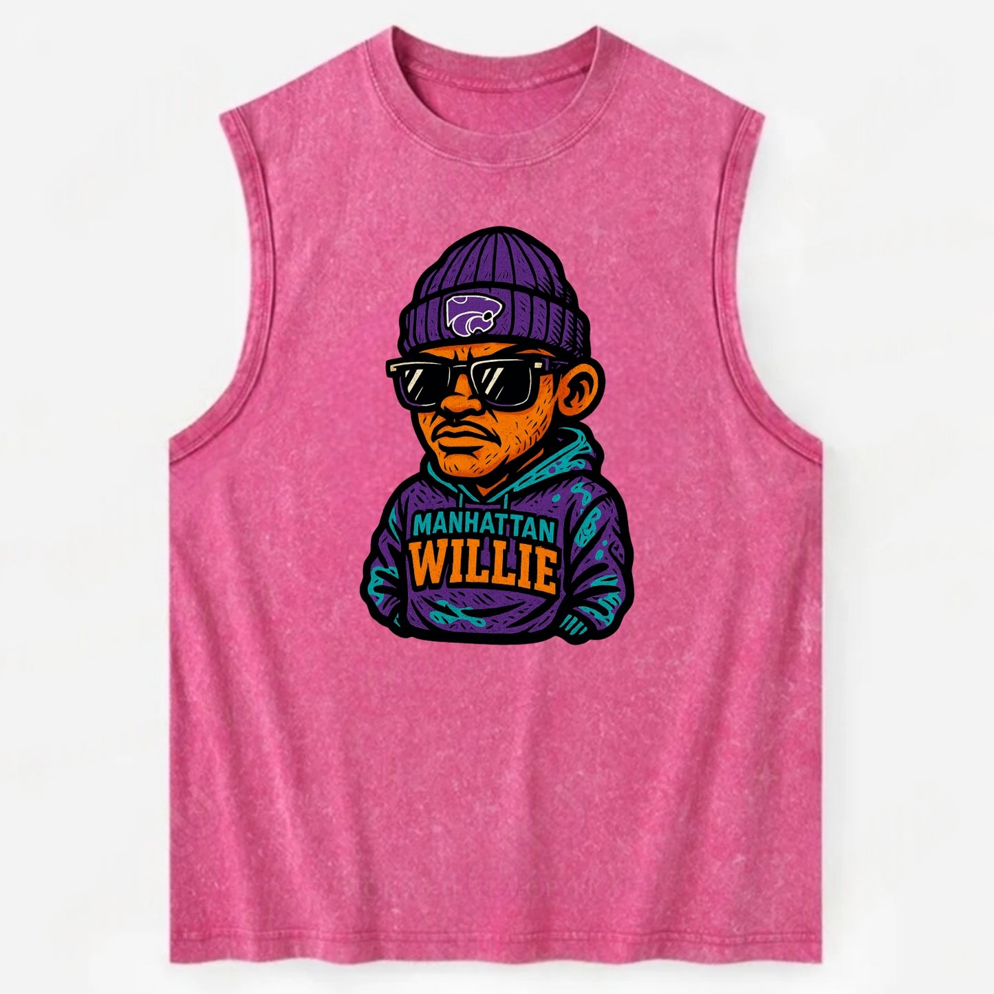 Manhattan Willie wearing Kansas State beanie with powercat patch - Vintage Washed Tank - Pink