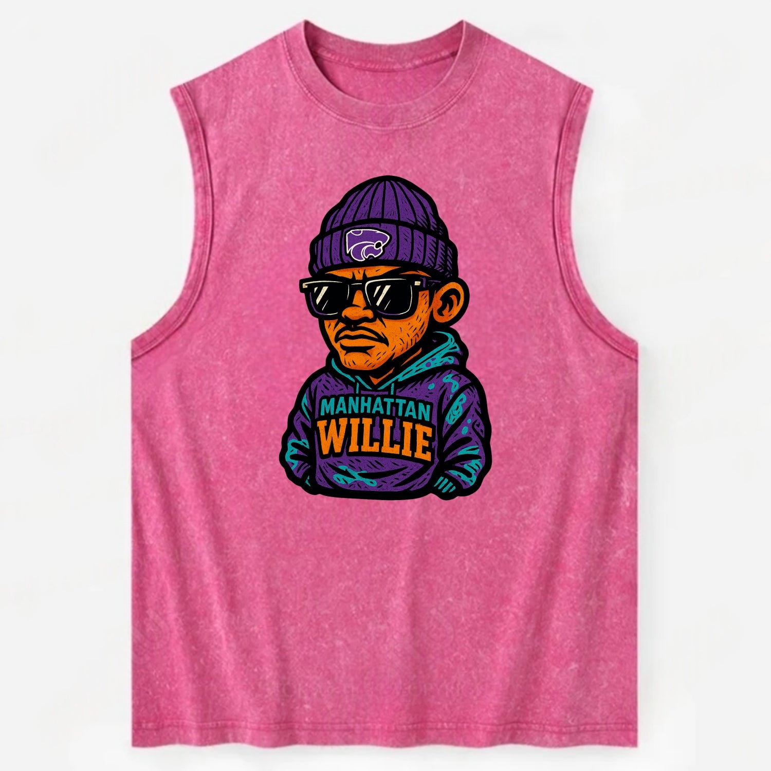 Manhattan Willie wearing Kansas State beanie with powercat patch - Vintage Washed Tank - Pink