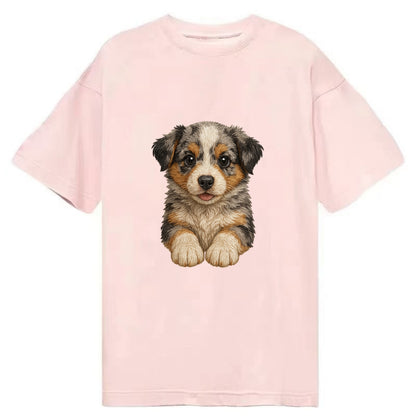 Baby Australian Shepherd Puppy - merle coat, bright eyes, fluffy, front-facing, - Classic T-shirt - Pink