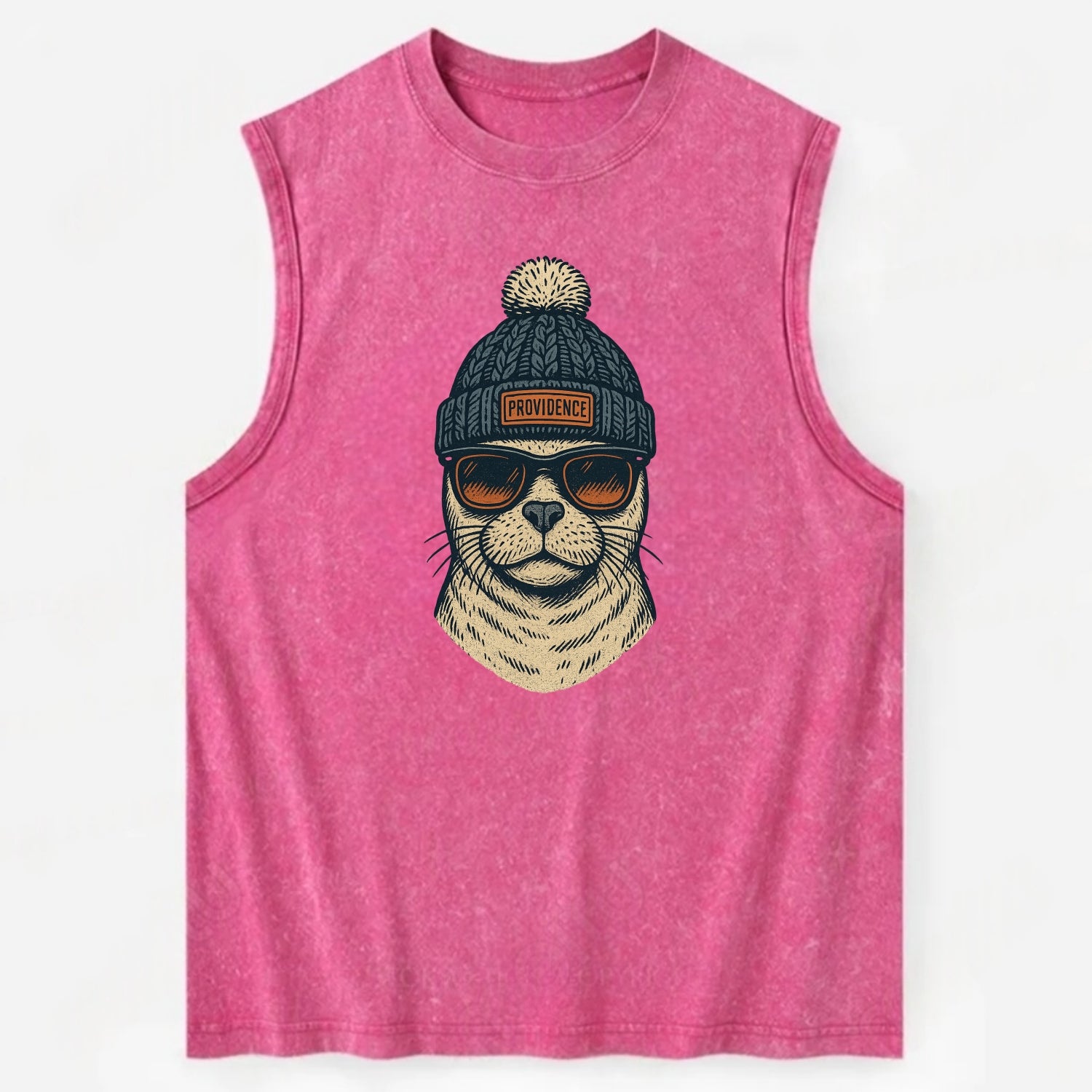 Rhode Island Harbor Seal wearing Providence beanie with pom pom and wayfarer - Vintage Washed Tank - Pink