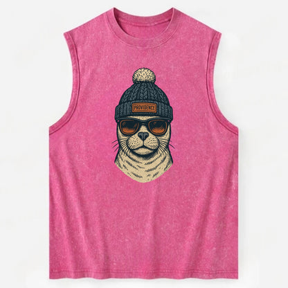 Rhode Island Harbor Seal wearing Providence beanie with pom pom and wayfarer - Vintage Washed Tank - Pink