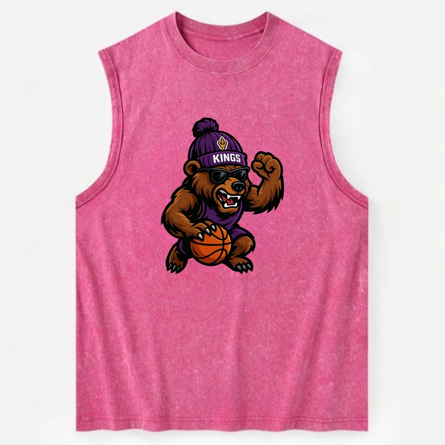California Grizzly wearing Kings beanie with royal scepter patch and wayfarer - Vintage Washed Tank - Pink