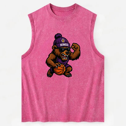 California Grizzly wearing Kings beanie with royal scepter patch and wayfarer - Vintage Washed Tank - Pink