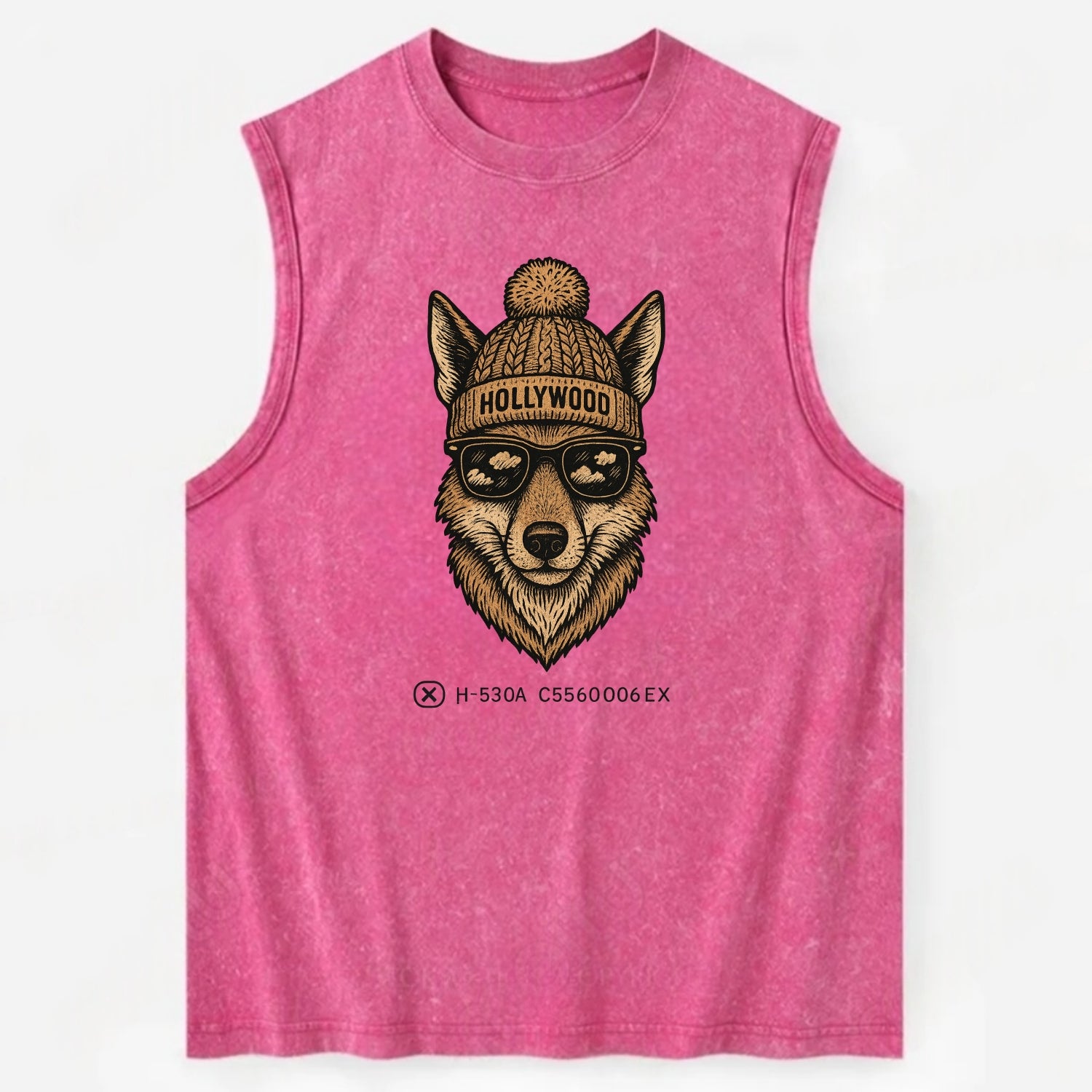 LA Coyote wearing Hollywood beanie with pom pom and wayfarer sunglasses - Vintage Washed Tank - Pink