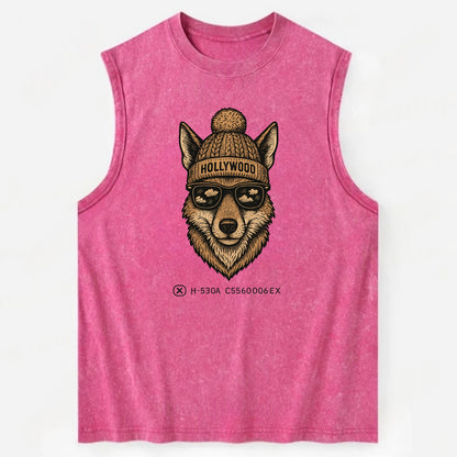 LA Coyote wearing Hollywood beanie with pom pom and wayfarer sunglasses - Vintage Washed Tank - Pink