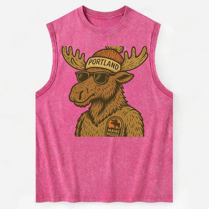 Maine Moose wearing Portland beanie with pom pom and wayfarer sunglasses - Vintage Washed Tank - Pink