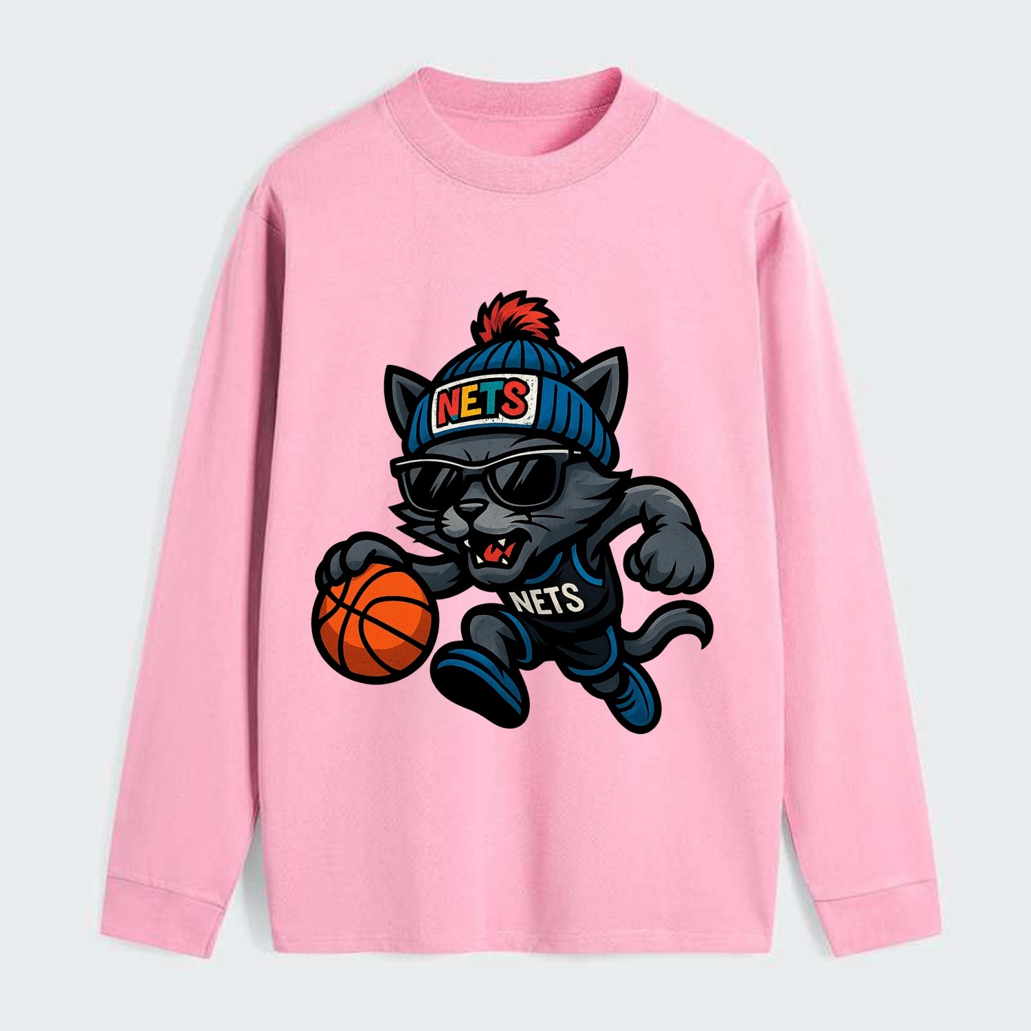 Brooklyn Cat wearing Nets beanie with street art patch and wayfarer - Classic Long Sleeve Shirt - Pink