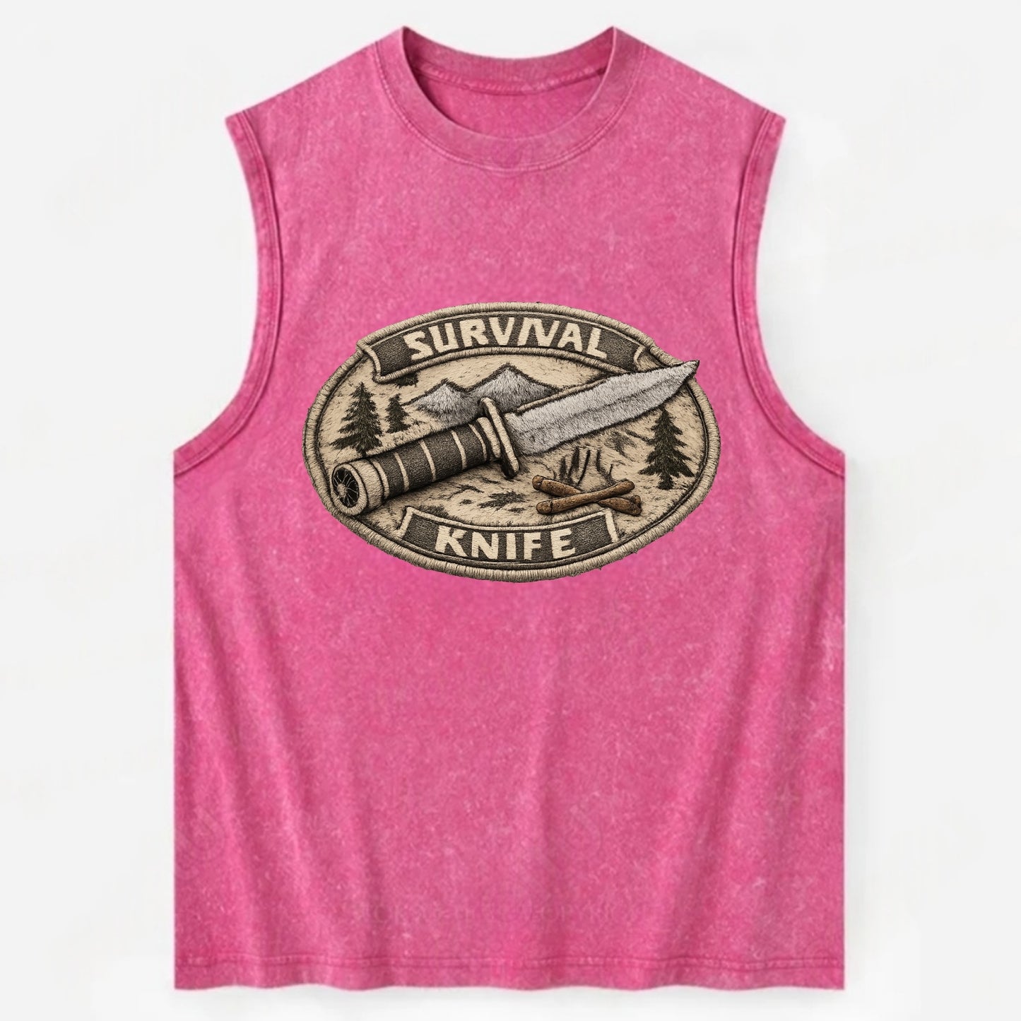 SURVIVAL KNIFE - fixed blade with compass in silver and black , bushcraft - Vintage Washed Tank - Pink