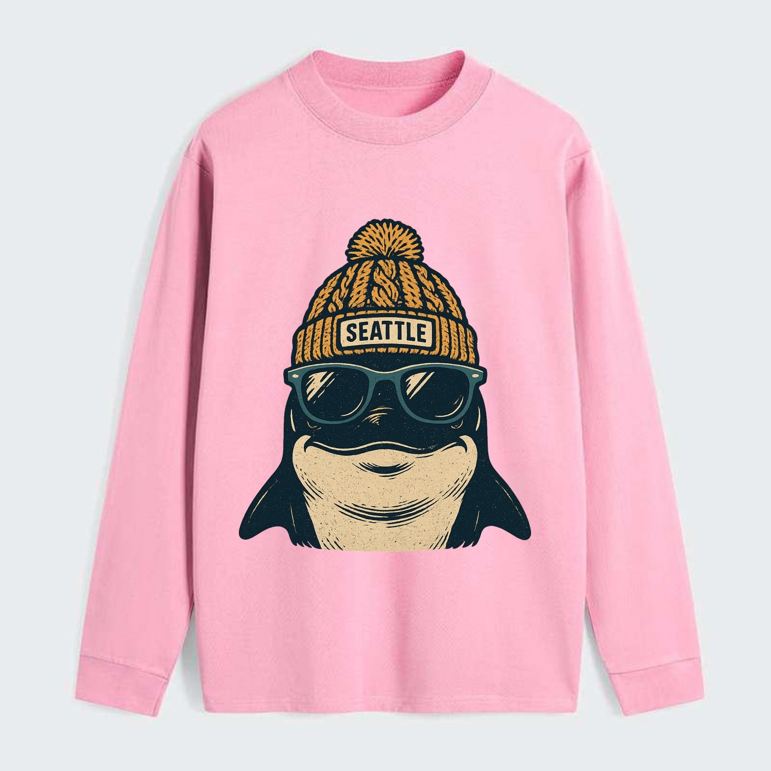 Seattle Orca wearing Seattle beanie with pom pom and wayfarer sunglasses - Classic Long Sleeve Shirt - Pink