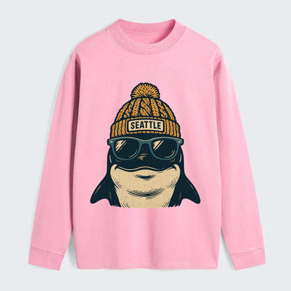 Seattle Orca wearing Seattle beanie with pom pom and wayfarer sunglasses - Classic Long Sleeve Shirt - Pink
