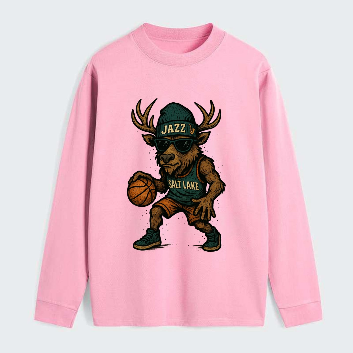 Salt Lake Elk wearing Jazz beanie with saxophone patch and wayfarer - Classic Long Sleeve Shirt - Pink