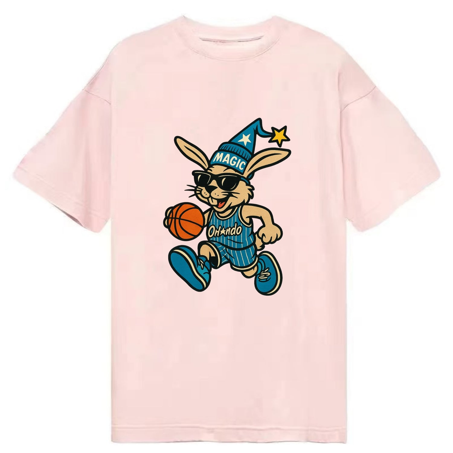 Orlando Rabbit wearing Magic blue and silver beanie with wizard hat and wayfarer - Classic T-shirt - Pink