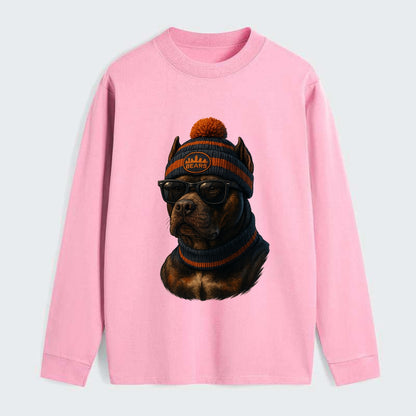 Chicago Pitbull wearing Bears beanie with skyline patch and wayfarer - Classic Long Sleeve Shirt - Pink