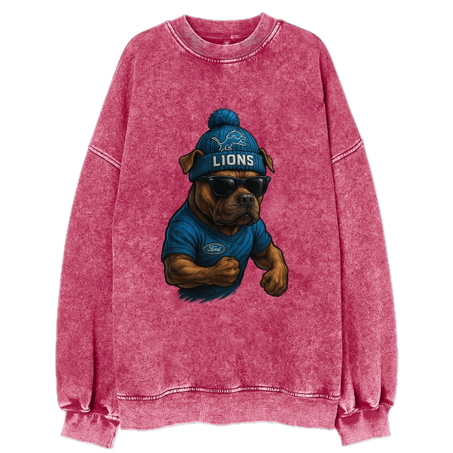 Detroit Pitbull wearing Lions beanie with auto patch and wayfarer sunglasses - Vintage Sweatshirt - Pink