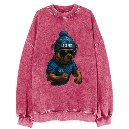 Detroit Pitbull wearing Lions beanie with auto patch and wayfarer sunglasses - Vintage Sweatshirt - Pink