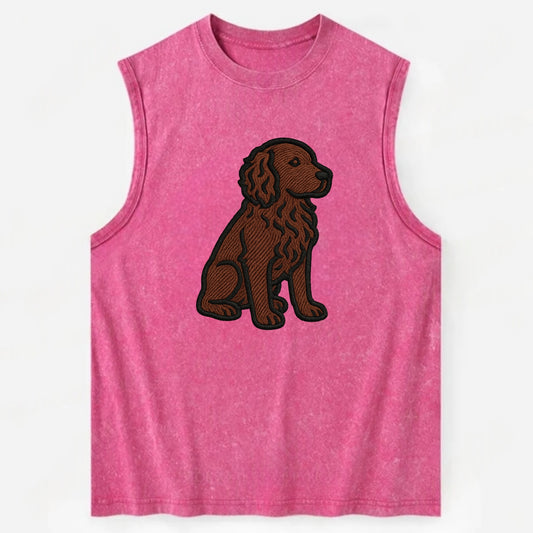 Boykin Spaniel - Rich chocolate brown wavy coat embroidered sitting pose - Vintage Washed Tank - Pink