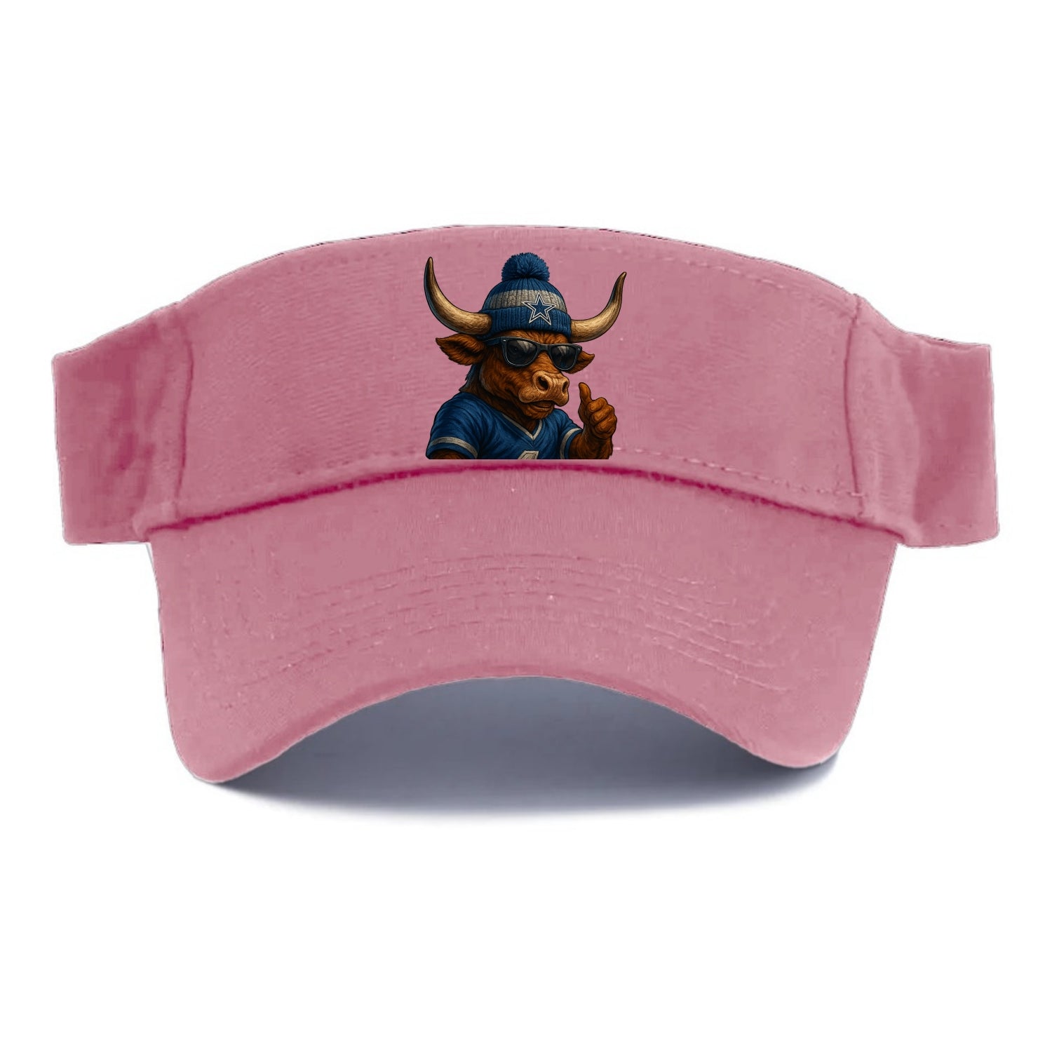Texas Longhorn wearing Cowboys silver and blue beanie with star and wayfarer sunglasses - Visor - Pink