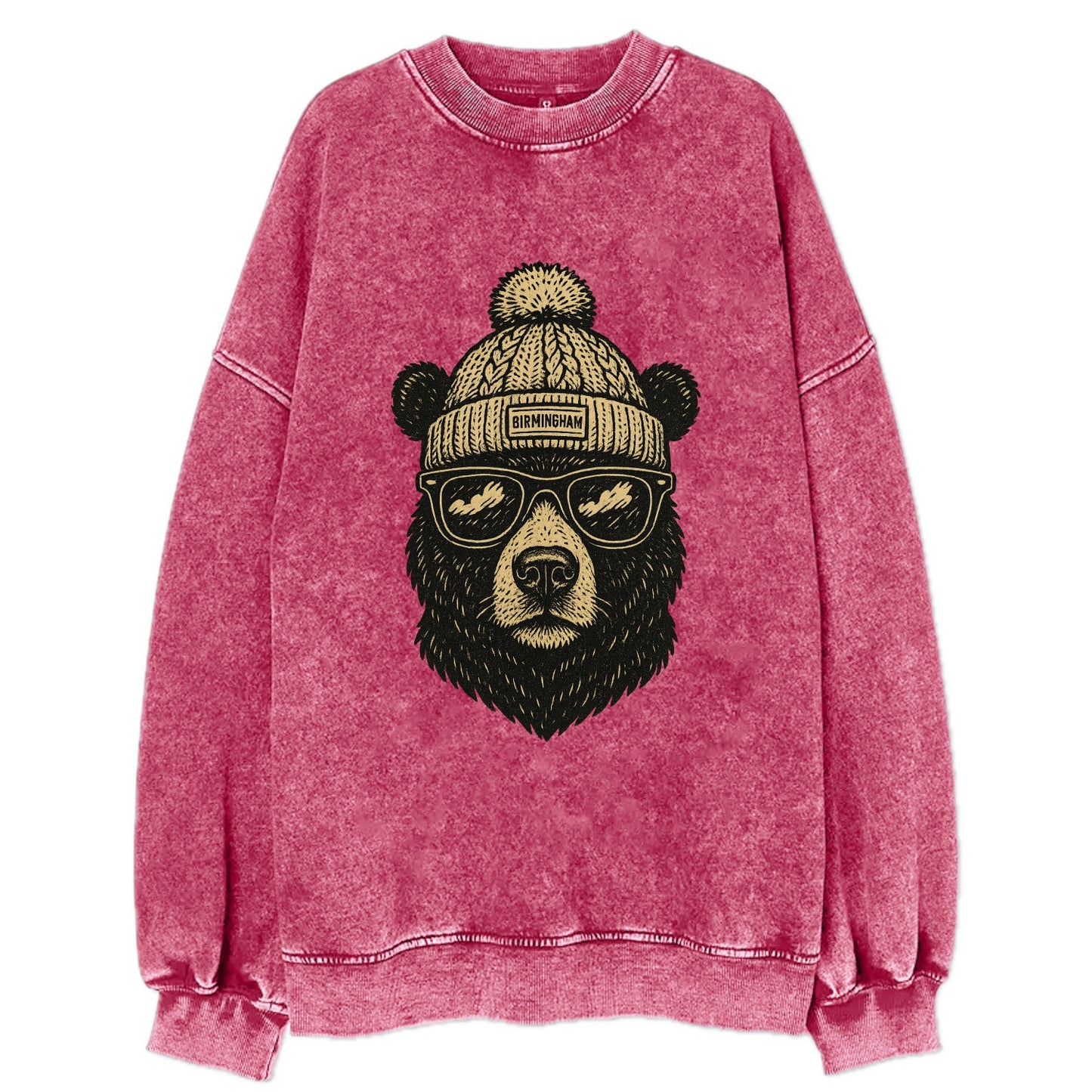 Alabama Black Bear wearing Birmingham beanie with pom pom and wayfarer - Vintage Sweatshirt - Pink