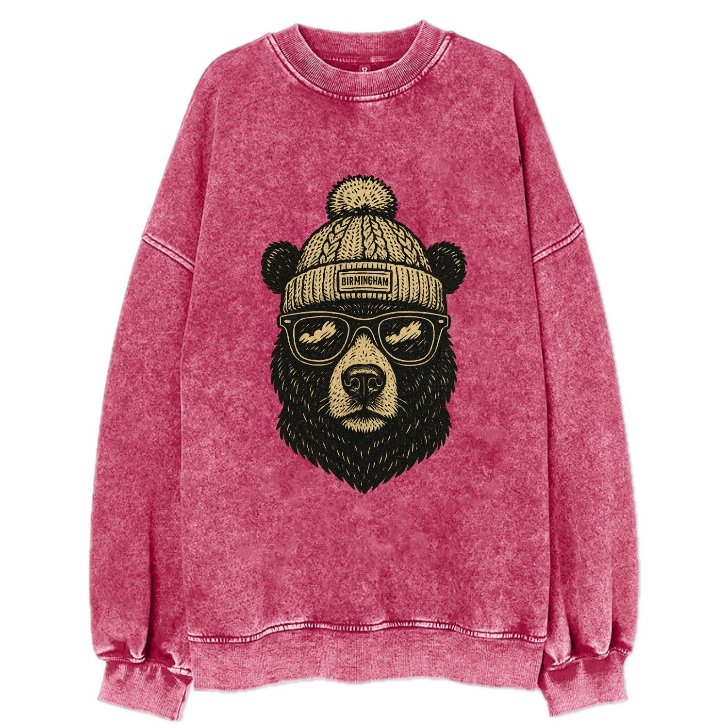 Alabama Black Bear wearing Birmingham beanie with pom pom and wayfarer - Vintage Sweatshirt - Pink