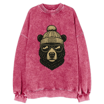 Alabama Black Bear wearing Birmingham beanie with pom pom and wayfarer - Vintage Sweatshirt - Pink
