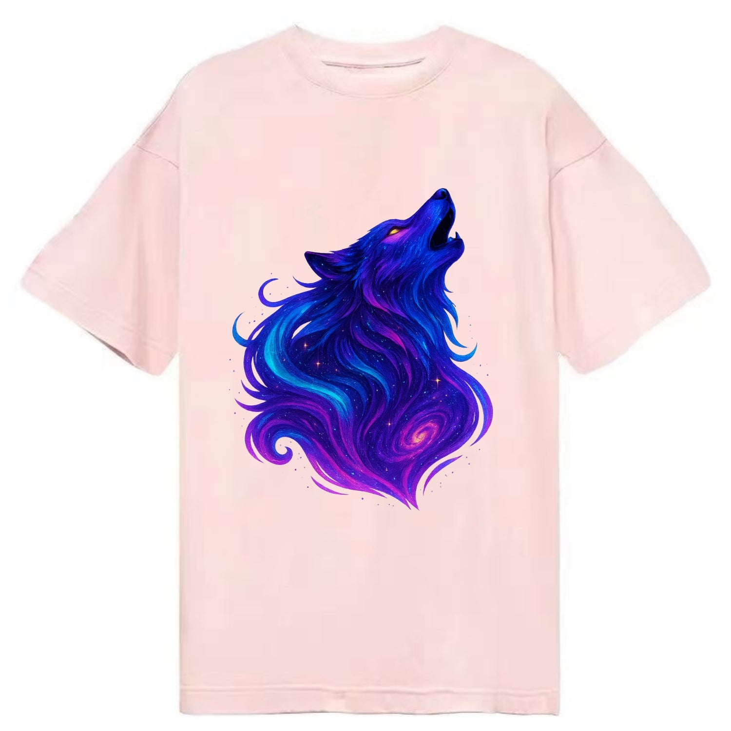 Noble wolf with flowing fur that transforms into aurora borealis streams, cyan - Classic T-shirt - Pink