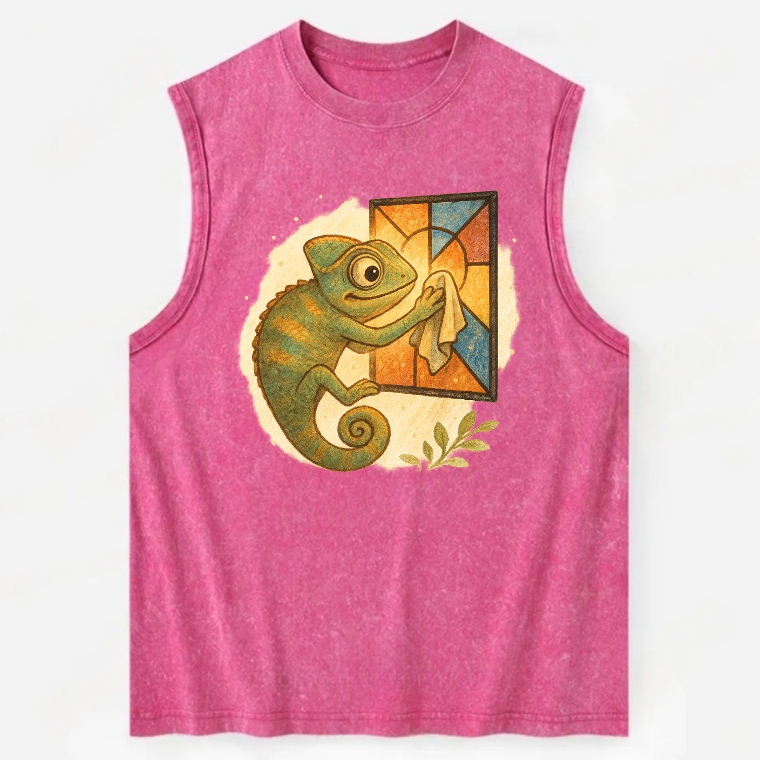Chameleon blending into a stained-glass window it is polishing with delicate - Vintage Washed Tank - Pink