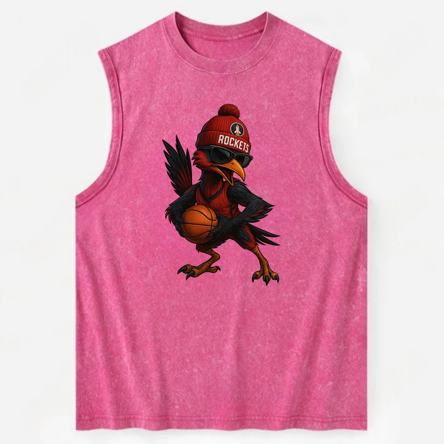 Houston Roadrunner wearing Rockets beanie with launch pad patch and wayfarer - Vintage Washed Tank - Pink