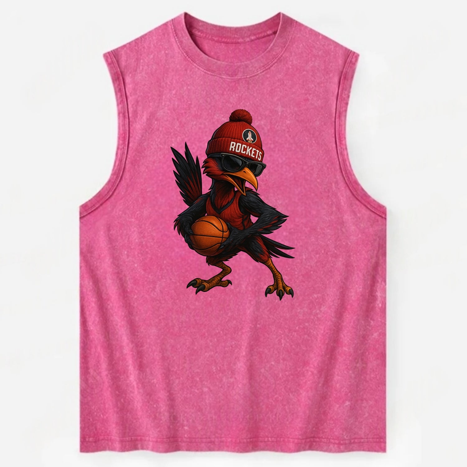 Houston Roadrunner wearing Rockets beanie with launch pad patch and wayfarer - Vintage Washed Tank - Pink