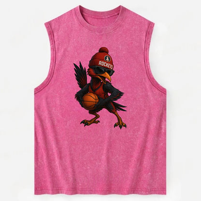 Houston Roadrunner wearing Rockets beanie with launch pad patch and wayfarer - Vintage Washed Tank - Pink