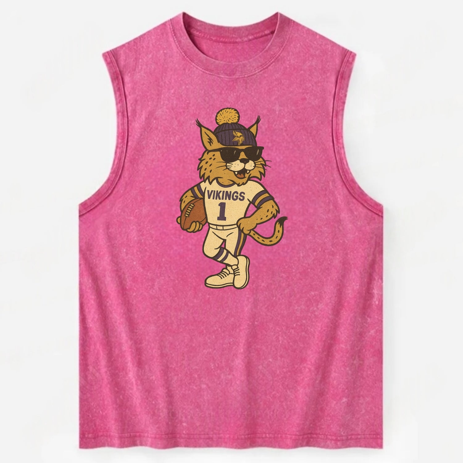 Minneapolis Lynx wearing Vikings beanie with Norse patch and wayfarer - Vintage Washed Tank - Pink