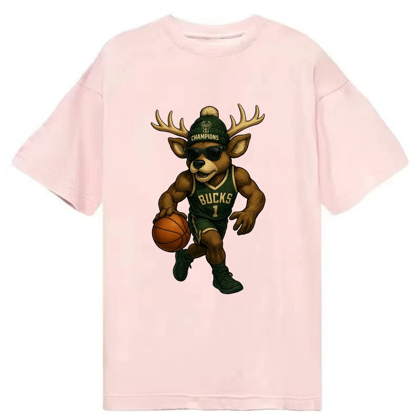 Milwaukee Buck Deer wearing Bucks green and cream beanie with antlers and - Classic T-shirt - Pink