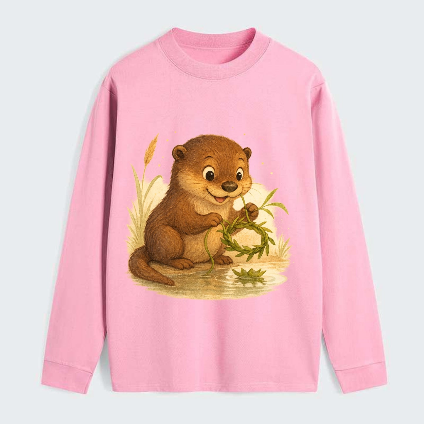 Otter weaving river reeds into a floating crown beside mirror-still - Classic Long Sleeve Shirt - Pink