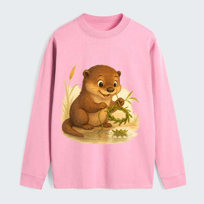 Otter weaving river reeds into a floating crown beside mirror-still - Classic Long Sleeve Shirt - Pink