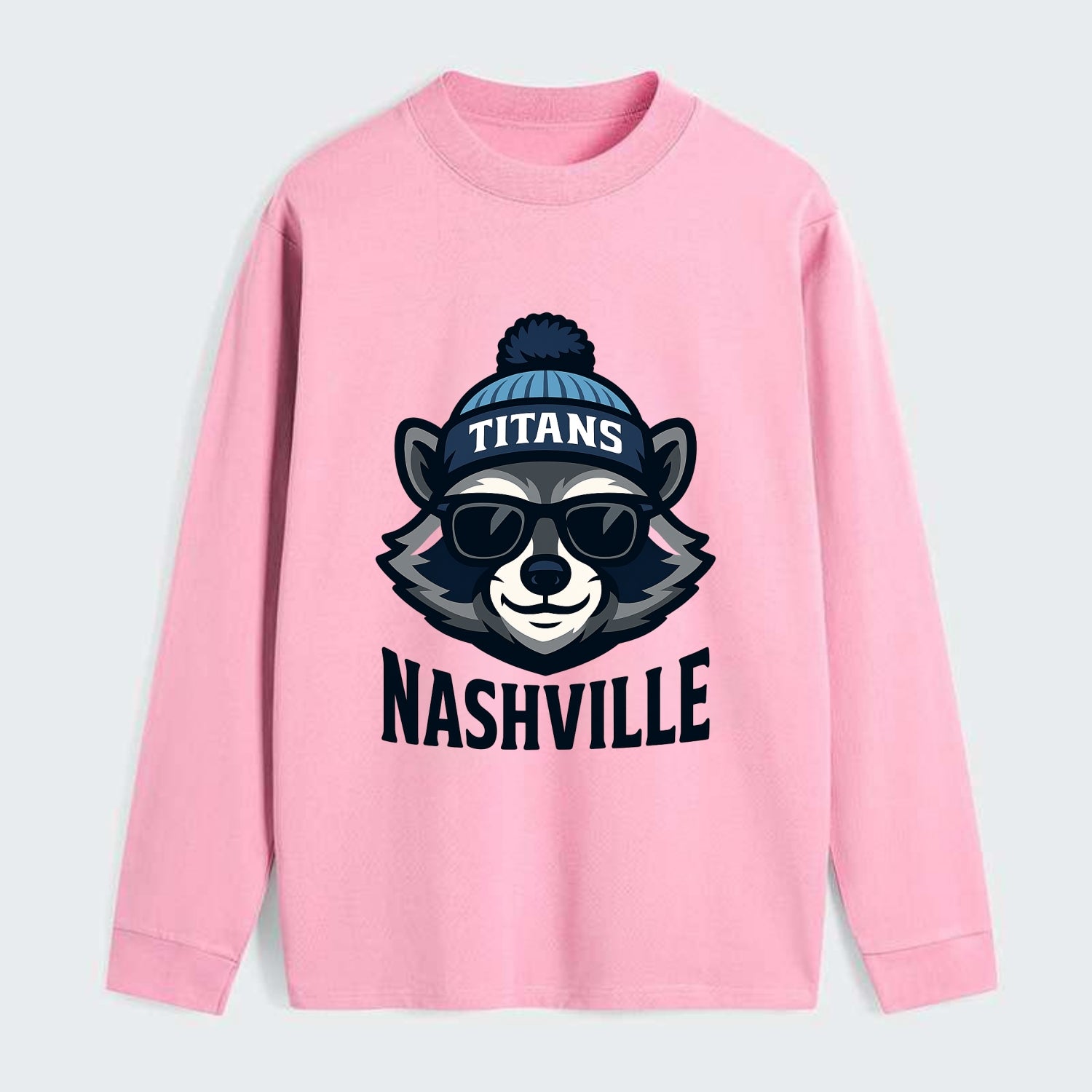 Nashville Raccoon wearing Titans navy and light blue beanie with pom - Classic Long Sleeve Shirt - Pink