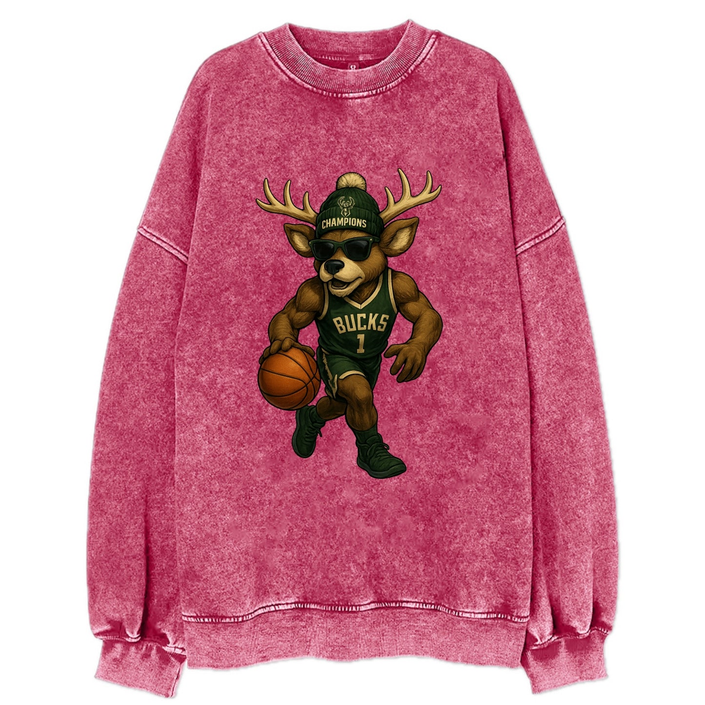 Milwaukee Buck Deer wearing Bucks green and cream beanie with antlers and - Vintage Sweatshirt - Pink