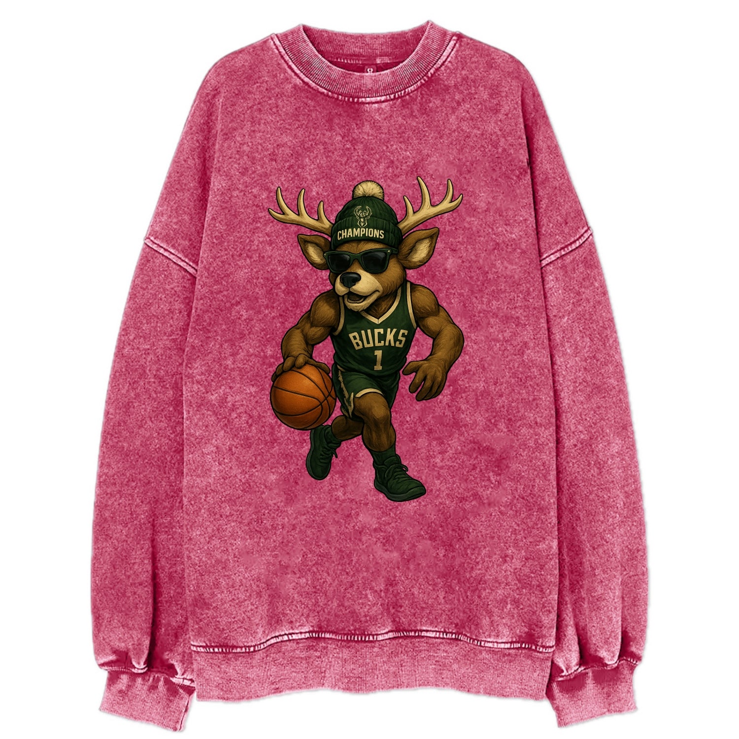 Milwaukee Buck Deer wearing Bucks green and cream beanie with antlers and - Vintage Sweatshirt - Pink
