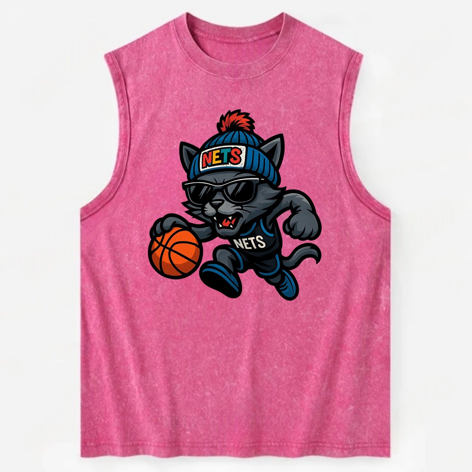 Brooklyn Cat wearing Nets beanie with street art patch and wayfarer sunglasses - Vintage Washed Tank - Pink