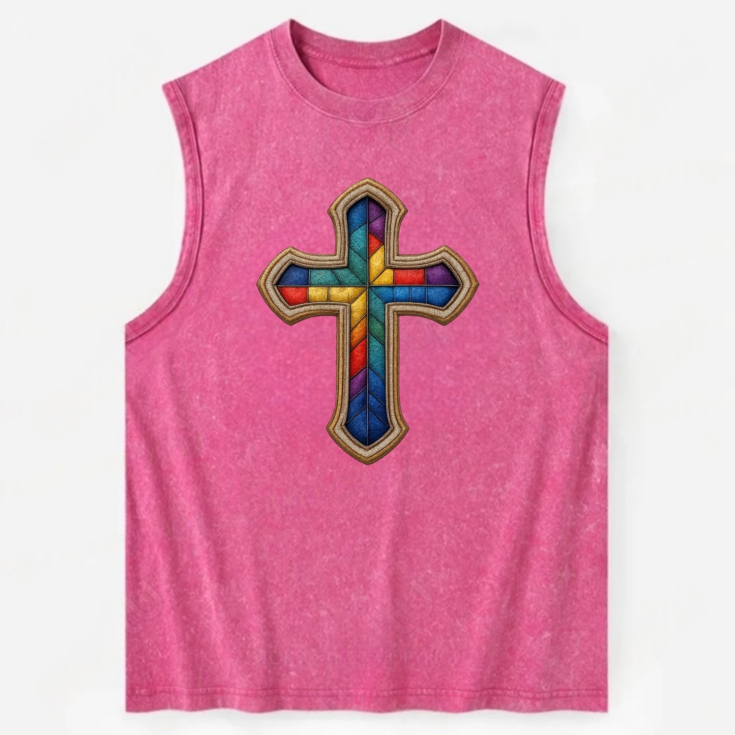 Stained Glass Cross  - Vintage Washed Tank - Pink