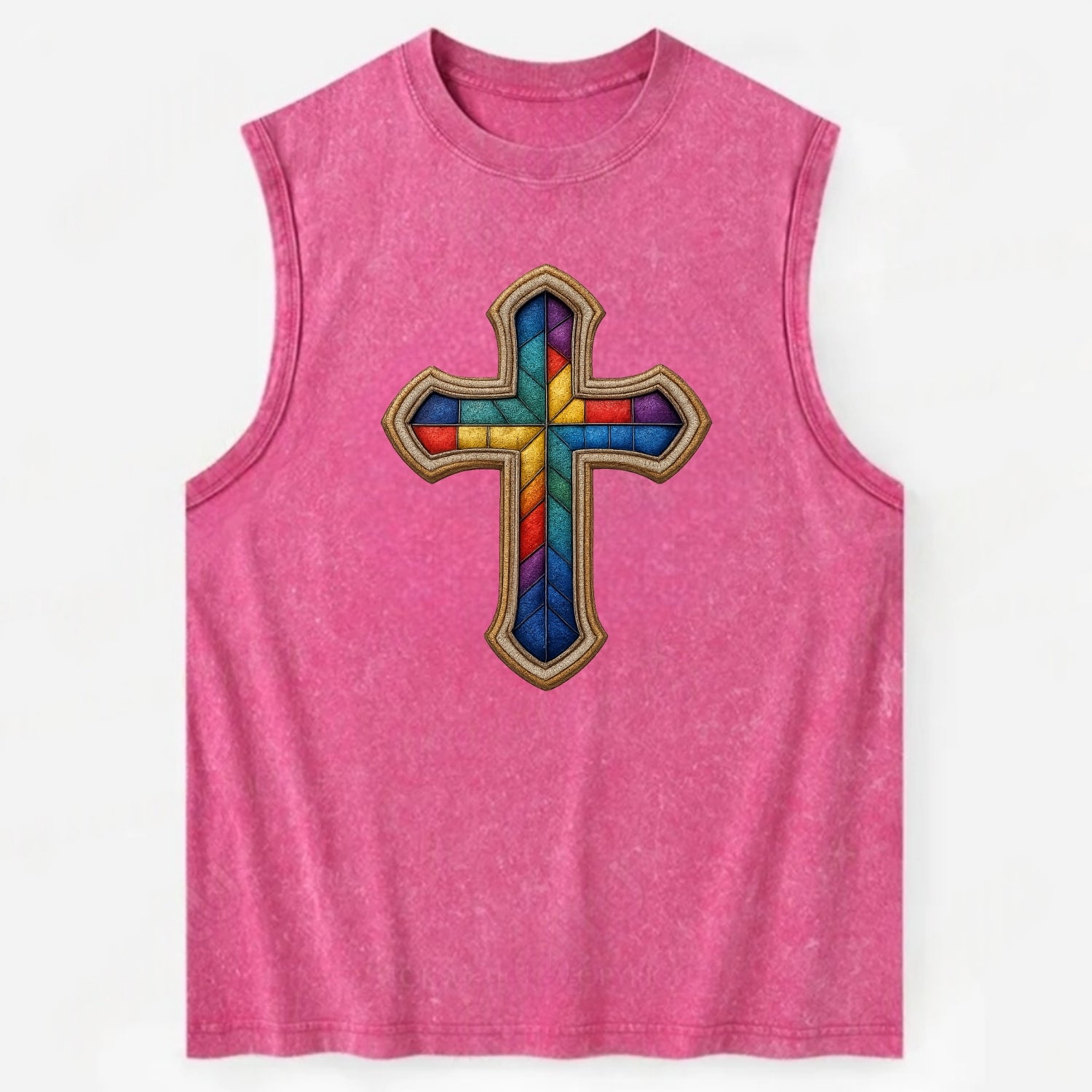 Stained Glass Cross  - Vintage Washed Tank - Pink