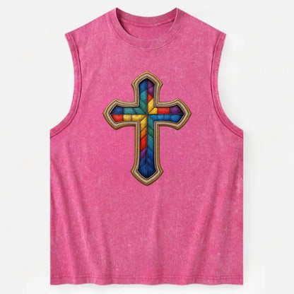 Stained Glass Cross  - Vintage Washed Tank - Pink