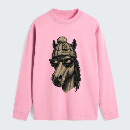 Vermont Morgan Horse wearing Burlington beanie with pom pom and - Classic Long Sleeve Shirt - Pink